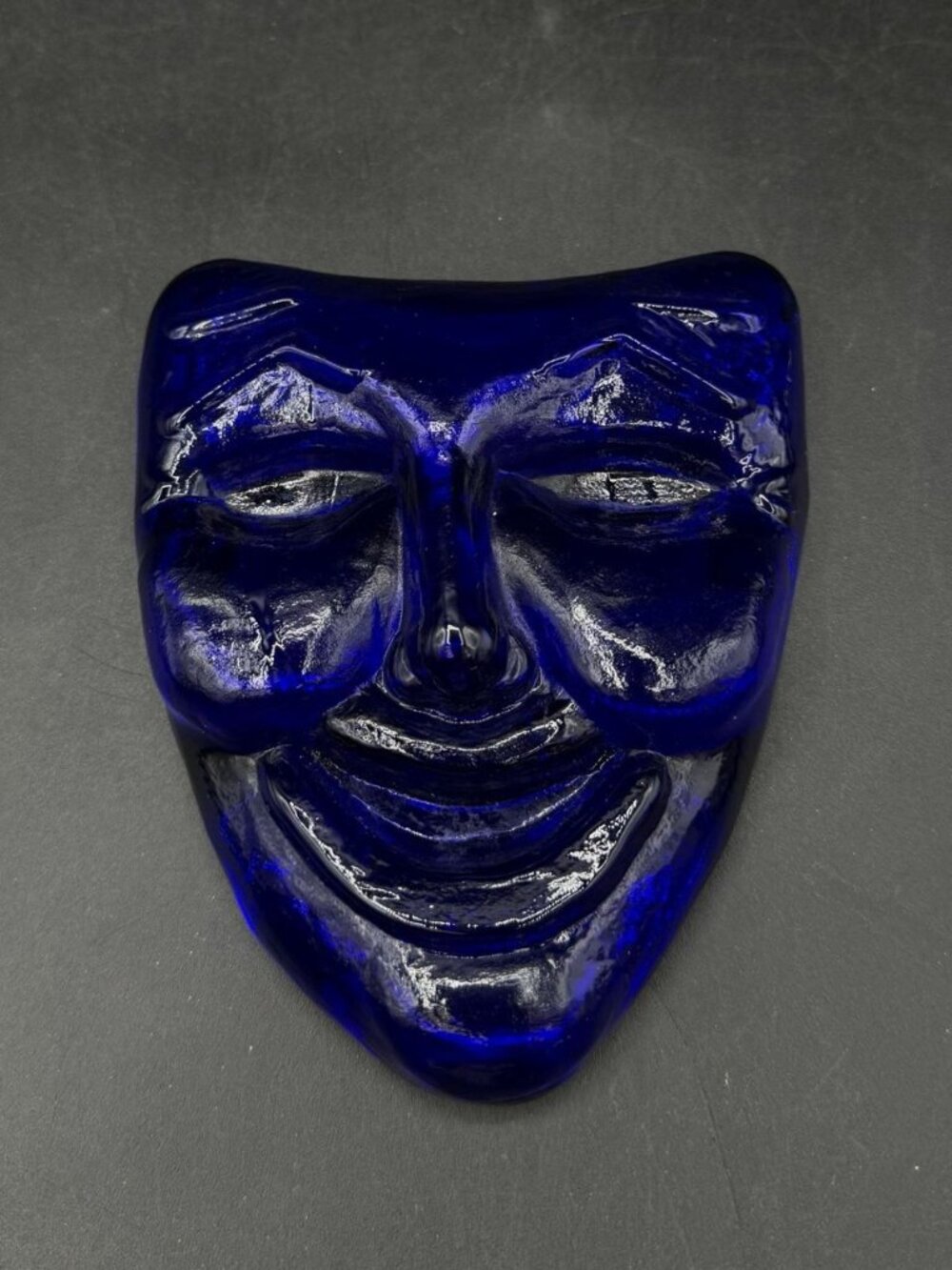 Art Glass Cobalt Blue Theater Comedy Mask Paperweight Vintage